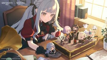 Rule 34 | 6+girls, absurdres, amoris (bang dream!), animal ears, arknights, ascot, bang dream!, bang dream! it's mygo!!!!!, beret, black ascot, black corset, black dress, black hair, black mask, black pantyhose, black ribbon, black skirt, blonde hair, blue gem, blue hair, braid, brown corset, chair, chibi, closed eyes, closed mouth, commentary, coretton (arknights), corset, curtains, doloris (bang dream!), dress, earrings, english commentary, gem, gloves, green hair, grey gloves, guest art, hair between eyes, hair ribbon, hat, highres, holding, holding mask, jewelry, long hair, mask, masquerade mask, mini person, misumi uika, morpheus (arknights), mortis (bang dream!), mortis (costume) (bang dream!), mouth mask, multiple girls, oblivionis (bang dream!), official art, open mouth, pantyhose, phonograph, purple eyes, purple hair, red shirt, red shorts, red thighhighs, ribbon, saipaco, second-party source, sharp teeth, sheet music, shirt, short hair, short sleeves, shorts, sidelocks, skirt, standing, teeth, thighhighs, timoris (bang dream!), togawa sakiko, two side up, wakaba mutsumi, window, yahata umiri, yellow eyes, yuutenji nyamu