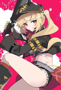 1girl baseball_bat belt black_boots black_gloves black_helmet black_jacket black_shirt black_shorts blonde_hair blush boots breasts commentary_request crop_top cropped_jacket gloves gohan_(gohanchang) helmet highres holding holding_baseball_bat jacket long_hair long_sleeves looking_at_viewer luciana_de_montefio midriff parted_lips red_eyes red_socks shirt short_shorts shorts side_ponytail simple_background small_breasts socks solo torn_clothes zenless_zone_zero