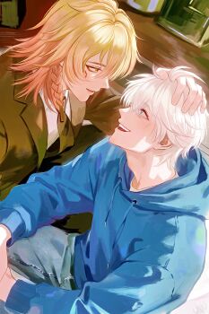 2boys absurdres antenna_hair black_jacket black_necktie blonde_hair blue_eyes blue_hoodie braid chinese_commentary collared_shirt commentary_request denim facial_tattoo from_side gradient_hair hand_on_another's_head headpat highres honkai:_star_rail honkai_(series) hood hood_down hoodie jacket jeans long_sleeves male_focus medium_hair multicolored_hair multiple_boys mydei_(honkai:_star_rail) necktie open_clothes open_jacket pants parted_bangs phainon_(honkai:_star_rail) profile red_hair red_tattoo shirt short_hair side_braid tattoo white_hair white_shirt wulingshenchejiukuaijiubaoyouqiang yellow_eyes