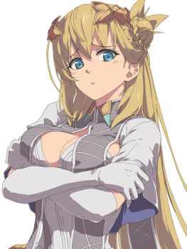 1girl agnes_claudel arms_under_breasts blonde_hair blue_eyes blush braid breasts bun_with_braided_base chiharu_(9654784) crossed_arms double-parted_bangs eiyuu_densetsu elbow_gloves gloves hair_between_eyes hair_bun highres kai_no_kiseki kuro_no_kiseki_(series) large_breasts laurel_crown long_hair looking_at_viewer pout short_sleeves simple_background single_side_bun solo upper_body white_background white_gloves