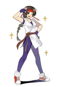 1girl amo_brief belt brown_belt dougi female_focus fingerless_gloves gloves headband karate_gi leggings martial_arts_belt purple_gloves purple_leggings red_headband ryuuko_no_ken shoes sneakers snk solo the_king_of_fighters yuri_sakazaki