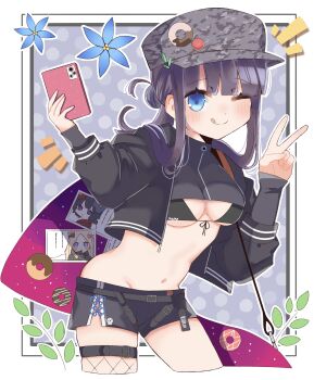 1girl :q ;) ;q abigail_williams_(event_portrait)_(fate) abigail_williams_(fate) absurdres asymmetrical_legwear badge baseball_cap bikini bikini_under_clothes black_bikini black_jacket black_shirt black_shorts blue_eyes blunt_bangs blush breasts button_badge camouflage camouflage_hat camouflage_headwear cellphone closed_mouth commentary_request cowboy_shot crop_top cropped_jacket cropped_shirt fate/grand_order fate_(series) fishnet_thighhighs fishnets grey_hat groin hair_bun hair_ornament hat highres holding holding_phone instrument_case jacket katsushika_hokusai_(fate) leaf leaf_hair_ornament long_hair long_sleeves looking_at_viewer medium_breasts navel one_eye_closed phone polka_dot polka_dot_background selfie shirt short_shorts shorts sidelocks sidelocks_tied_back simple_background single_hair_bun single_thighhigh skindentation smartphone smile solo standing sticker stomach swimsuit taking_picture thigh_strap thighhighs thighs tongue tongue_out v yang_guifei_(event_portrait)_(fate) yang_guifei_(fate) yaruco_(freedumco)