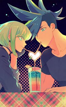 2boys asymmetrical_hair bae_(baebae) blue_eyes blue_hair crazy_straw cup drinking_straw eyes_visible_through_hair galo_thymos green_hair heart_straw highres lio_fotia male_focus multiple_boys promare purple_eyes shared_drink shared_straw sharing_food sidecut sidelocks spiked_hair undercut
