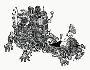 15ooo 1girl black_dress dress feet_up female_focus greyscale highres industrial_pipe large_ears lever light_bulb lying machine machinery monochrome no_mouth no_nose on_back original satellite_dish simple_background solo spikes veins wheel white_background