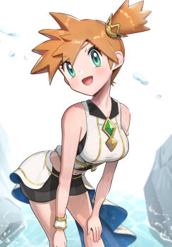 Rule 34 | 1girl, absurdres, bare shoulders, black shirt, black shorts, blush, breasts, collarbone, commentary request, crown, crown hair ornament, gem, gonzarez, green eyes, green gem, hair ornament, hands on own knees, highres, large breasts, looking at viewer, medium breasts, midriff, misty (arc suit) (pokemon), misty (pokemon), navel, nintendo, official alternate costume, open mouth, orange hair, pokemon, pokemon masters ex, shirt, short hair, shorts, side ponytail, single wrist cuff, sleeveless, sleeveless shirt, smile, solo, waist cape, water, white shirt, wrist cuffs
