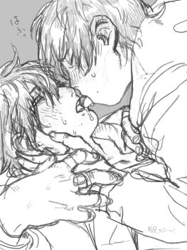 2boys :o blush boy_on_top brothers choppy_bangs closed_eyes commentary_request drooling fingernails french_kiss from_side full-face_blush furrowed_brow grey_background greyscale hair_between_eyes hand_on_another's_wrist hands_on_another's_face hood hood_down hoodie hypnosis_mic incest jacket jacket_over_hoodie jewelry kiss long_sleeves male_focus maro_bideru mole mole_under_eye mole_under_mouth monochrome multiple_boys multiple_moles multiple_rings narrowed_eyes nose_blush open_mouth portrait profile ring short_hair siblings simple_background sketch sweat tongue tongue_out translation_request yamada_ichiro yamada_saburo yaoi