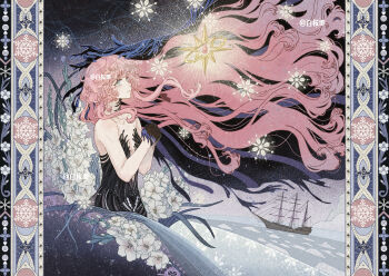 Rule 34 | 1girl, aqua eyes, bare arms, bare shoulders, black dress, black skin, black veil, blue veil, colored skin, dark background, dress, floating hair, flower, from side, gradient skin, hands up, highres, ice, long hair, nautika (reverse:1999), ocean, pillarboxed, pink hair, profile, reverse:1999, sailing ship, solo, sparkle, strapless, strapless dress, two-tone veil, upper body, veil, very long hair, watermark, white flower, zhuyingmiao