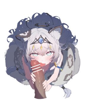 1girl absurdres aged_down ahoge animal_ear_fluff animal_ears arknights bar_censor blue_eyes blush breasts censored dark_skin disembodied_penis fellatio from_side grabbing_another's_penis grey_hair heart heart-shaped_pupils highres large_penis licking licking_penis loli looking_at_viewer mo_xin_(hpfx2784) nude oral penis pointless_censoring pramanix_(arknights) simple_background sitting small_breasts snow_leopard_ears snow_leopard_girl snow_leopard_tail solo_focus symbol-shaped_pupils tail tiara tongue tongue_out transparent_background