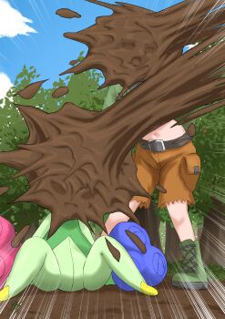 1girl absurdres attack belt blue_sky boots capelet cloud day defeat forest gardenia_(pokemon) gen_4_pokemon green_boots green_capelet gym_leader highres leaning_forward midriff motion_lines mud nature navel nintendo on_ground orange_shorts outdoors pokemon pokemon_(creature) pokemon_dppt roserade saturn_dosue shorts signature sitting sky standing tree variant_set