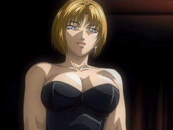 00s 1girl 2002 animated animated_gif anime_screenshot bare_shoulders bible_black bible_black_night_of_the_walpulgiss blonde_hair blue_eyes bustier collarbone cross cross_earrings earrings grin implied_futanari implied_sex jewelry kitami_reika lipstick makeup nurse school_nurse short_hair smile tagme witch