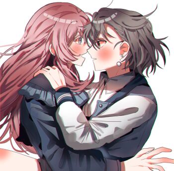 2girls bang_dream! bang_dream!_it's_mygo!!!!! blue_jacket blush brown_eyes chihaya_anon chromatic_aberration collared_shirt dress_shirt earrings eye_contact fang grey_eyes grey_hair hair_between_eyes highres hug i00236 jacket jewelry long_hair long_sleeves looking_at_another multiple_girls open_mouth pink_hair revision shirt short_hair sidelocks simple_background takamatsu_tomori white_background white_shirt white_sleeves yuri