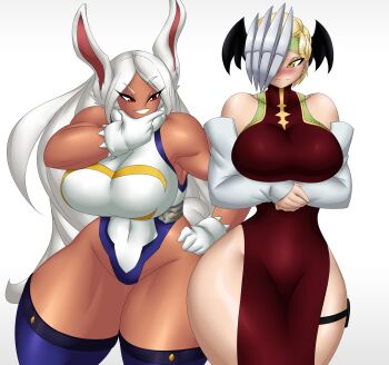 Rule 34 | 2girls, absurdres, ass, bare shoulders, blonde hair, blush, boku no hero academia, breasts, covered collarbone, covered navel, curvy, detached sleeves, dress, embarrassed, gloves, hand on own hip, highres, huge ass, huge breasts, kyelyn, leotard, long hair, mirko, multiple girls, muscular, muscular female, one eye covered, rabbit ears, rabbit girl, rabbit tail, red dress, red eyes, ryuukyuu, short hair, sleeveless, smile, tatsuma ryuuko, thick thighs, thigh strap, thighhighs, thighs, white background, white gloves, white hair, wide hips, yellow eyes