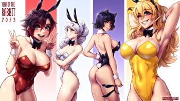 4girls animal_ears armpits arms_behind_head artist_name ass back bare_shoulders black_bow black_hair blake_belladonna blonde_hair blue_eyes blush bow bowtie braid braided_ponytail breasts cat_ears chinese_zodiac cleavage collarbone covered_navel crossed_arms detached_collar double_v fake_animal_ears fake_tail gradient_hair grey_eyes highleg highleg_leotard large_breasts leotard long_hair multicolored_hair multiple_girls one_eye_closed phloxberry playboy_bunny prosthesis prosthetic_arm purple_eyes rabbit_ears rabbit_tail red_hair ruby_rose rwby scar scar_across_eye scar_on_face short_hair sideboob skin_tight small_breasts smile tail thighs thong_leotard v weiss_schnee white_hair wrist_cuffs yang_xiao_long year_of_the_rabbit yellow_eyes