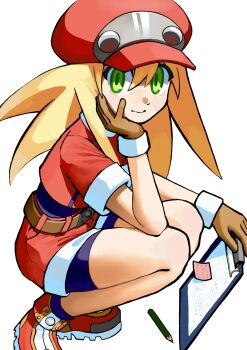 1girl 87oekaki black_bodysuit blonde_hair bodysuit brown_gloves gloves green_eyes hat highres jacket long_hair mega_man_(series) mega_man_legends_(series) newsboy_cap red_jacket red_shorts roll_caskett_(mega_man) shorts simple_background solo squatting white_background