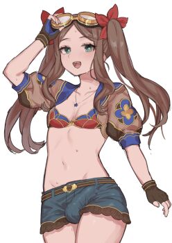 1girl anoshabu bikini bikini_top_only blue_eyes blue_shorts blush breasts brown_gloves brown_hair bulge commentary_request fate/grand_order fate_(series) fingerless_gloves futanari gloves goggles hair_ribbon highres leonardo_da_vinci_(fate) leonardo_da_vinci_(fate/grand_order) leonardo_da_vinci_(rider)_(fate) leonardo_da_vinci_(swimsuit_ruler)_(fate) long_hair looking_at_viewer navel parted_bangs red_bikini red_ribbon ribbon shorts sidelocks simple_background small_breasts solo swimsuit twintails white_background