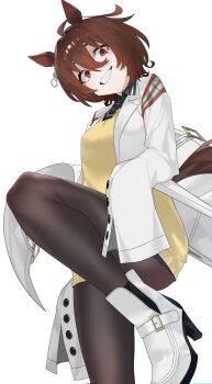 1girl absurdres agnes_tachyon_(tach-nology)_(umamusume) agnes_tachyon_(umamusume) ahoge animal_ears arril100 black_necktie black_pantyhose boots breasts brown_hair chemical_structure coat commentary_request earrings grin hair_between_eyes highres horse_ears horse_girl horse_tail jewelry lab_coat long_sleeves looking_at_viewer necktie open_mouth pantyhose red_eyes shirt short_hair short_necktie simple_background single_earring sleeves_past_fingers sleeves_past_wrists smile solo sweater sweater_vest tail teeth umamusume white_background white_boots white_coat wolf_cut yellow_sweater yellow_sweater_vest