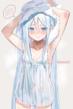 1girl acacia84847 armpits arms_up babydoll bare_arms blue_eyes blush breasts closed_mouth collarbone commentary_request cowboy_shot drying drying_hair drying_own_hair empire_waist hair_between_eyes highres holding holding_towel lingerie long_hair long_sidelocks looking_at_viewer navel negligee nose_blush orange_background panties project_sekai raised_inner_eyebrows ribbon see-through_babydoll see-through_clothes sidelocks simple_background small_breasts solo spaghetti_strap speech_bubble spoken_blush standing straight_hair towel towel_on_head twitter_username underwear very_long_hair wet white_babydoll white_hair white_ribbon yoisaki_kanade
