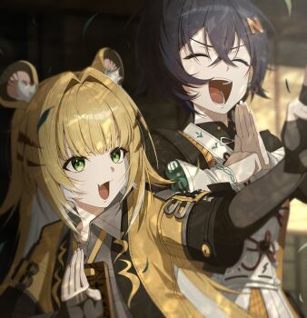 :d absurdres animal_ears bead_bracelet beads belle_(delicate_sunlight)_(zenless_zone_zero) belle_(zenless_zone_zero) black_hair blonde_hair bracelet chinese_clothes closed_eyes collared_shirt colored_inner_hair commentary fang fingernails green_eyes grey_shirt hair_between_eyes hair_ornament highres hosun jacket jewelry ju_fufu letter_hair_ornament long_hair long_sleeves multicolored_hair necklace open_mouth own_hands_together shirt short_hair smile tiger_ears tiger_girl white_hair yellow_jacket zenless_zone_zero