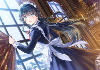 1girl apron back_bow black_dress black_hair blue_eyes bow braid candle commentary_request curtains day dress dutch_angle indoors long_hair long_sleeves looking_at_viewer maid maid_apron maid_headdress mountain original picture_frame plate sidelocks smile standing tan_(tangent) tree window winter