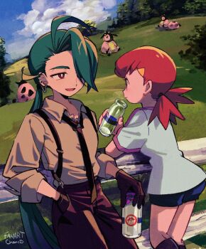 2girls ahoge bottle cloud collared_shirt day earrings fence gen_2_pokemon gloves grass green_hair hair_ornament hairclip hand_in_pocket highres jewelry kneehighs leaning long_hair milk_bottle miltank moomoo_milk multiple_girls necktie nintendo ok_ko19 outdoors pants pink_hair pokemon pokemon_(creature) pokemon_hgss pokemon_sv ponytail rika_(pokemon) shirt short_sleeves shorts sky socks suspenders twintails whitney_(pokemon)