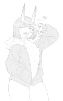 0_danvil_0 1girl absurdres breasts cowboy_shot fate/grand_order fate_(series) fur-trimmed_jacket fur_trim greyscale hand_in_pocket heart highres horns jacket long_sleeves monochrome naked_jacket open_mouth short_hair shuten_douji_(fate) simple_background small_breasts solo standing tongue tongue_out v v_over_eye