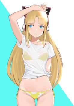 1girl alternate_costume animal_ear_headphones animal_ears arm_up bikini bikini_under_clothes blouse blue_eyes cat_ear_headphones cat_ears collarbone contemporary cowboy_shot fake_animal_ears female_focus gluteal_fold headphones j@ck long_hair looking_at_viewer navel nintendo parted_bangs parted_lips princess_zelda ribbon shirt short_sleeves side-tie_bikini_bottom sidelocks solo straight_hair string_bikini swimsuit the_legend_of_zelda tied_shirt two-tone_background very_long_hair white_shirt yellow_bikini yellow_ribbon