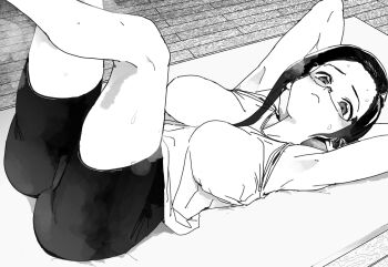 1girl absurdres bike_shorts breasts demi-chan_wa_kataritai exercising frown glasses greyscale hair_behind_ear highres large_breasts looking_at_viewer lying monochrome on_back petosu_(sunoco) satou_sakie sketch solo sweat swept_bangs tank_top yoga_mat