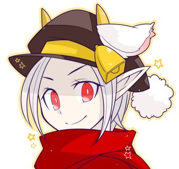 Rule 34 | 1girl, animal ears, closed mouth, commentary request, ears through headwear, extra ears, goat ears, goat girl, grey hair, horns, horns through headwear, looking at viewer, oekakipikki, pointy ears, pom pom (clothes), portrait, ragnarok online, red eyes, red scarf, scarf, short hair, simple background, smile, solo, wanderer (ragnarok online), white background, yellow horns