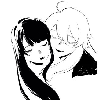 Rule 34 | 2girls, ahoge, asmoday (genshin impact), blunt bangs, bucumberr, closed eyes, closed mouth, commentary, couple, english commentary, genshin impact, hair between eyes, head only, head tilt, heads together, highres, light smile, mole, mole under eye, monochrome, multiple girls, raiden shogun, upper body, wavy hair, white background, yuri