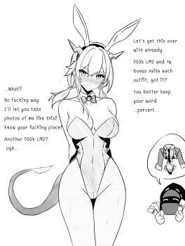 1girl 1other animal_ears arknights arms_behind_back bare_shoulders blush bow bowtie breasts ch'en_(arknights) chibi chibi_inset cleavage closed_mouth commentary covered_navel cum cum_on_body detached_collar doctor_(arknights) dragon_girl dragon_horns dragon_tail english_commentary english_text fake_animal_ears fishnet_pantyhose fishnets gladius_pvp greyscale hairband highleg highleg_leotard highres holding holding_money horns large_breasts leotard long_hair looking_at_viewer mask money monochrome nose_blush pantyhose playboy_bunny rabbit_ears simple_background solo_focus spoken_object strapless strapless_leotard tail traditional_bowtie v-shaped_eyebrows white_background