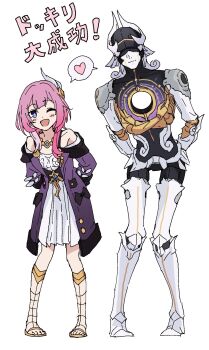 1boy 1girl ;d arms_behind_back bead_necklace beads blue_eyes blush closed_mouth coat covered_eyes cyrene_(aedes_elysiae)_(honkai:_star_rail) cyrene_(honkai:_star_rail) dot_nose dress extra_arms full_body gladiator_sandals gold_necklace gold_sandals hair_ornament heart height_difference highres hole_in_chest hole_on_body honkai:_star_rail honkai_(series) humanoid_robot jewelry joints leaning_forward light_smile long_hair long_sleeves lygus_(honkai:_star_rail) matching_pose momomatang necklace off-shoulder_coat off_shoulder one_eye_closed open_clothes open_coat open_mouth pigeon-toed pink_hair pink_pupils pleated_dress purple_coat robot robot_boy robot_joints sandals shared_speech_bubble short_dress short_sleeves side-by-side simple_background smile speech_bubble spoken_heart standing translation_request white_background white_dress