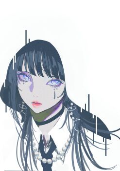 1girl absurdres bead_necklace beads black_choker black_hair black_necktie blending choker closed_mouth collared_shirt commentary commentary_request earrings eyelashes eyeliner facial_tattoo film_grain highres jewelry long_hair looking_at_viewer makeup necklace necktie original pink_lips purple_eyeliner purple_eyes ringed_eyes shirt solo syakemayusan tattoo white_background white_shirt