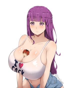 1boy 1girl absurdres alternate_breast_size alternate_size angry between_breasts black_hair blush breasts closed_mouth collarbone commentary_request crop_top denim denim_shorts english_text eyebrows_hidden_by_hair fern_(sousou_no_frieren) head_between_breasts highres huge_breasts long_hair multicolored_hair navel open_mouth pout purple_eyes purple_hair red_hair short_shorts shorts sousou_no_frieren srlmao stark_(sousou_no_frieren) streaked_hair tank_top very_long_hair white_background white_tank_top