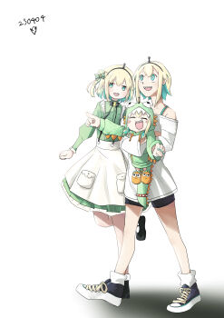 3girls :d absurdres amano_pikamee amano_pikamee_(1st_costume) amano_pikamee_(dinosaur_hoodie) amano_pikamee_(isekai) apron aqua_eyes aqua_hair aqua_nails black_hairband black_shoes black_shorts blonde_hair blush_stickers commentary_request dated eopyujapyu full_body hairband highres korean_commentary long_sleeves looking_up mary_janes multiple_girls multiple_persona off-shoulder_shirt off_shoulder open_mouth orange_slippers sharp_teeth shirt shoes short_hair shorts simple_background slippers smile sneakers socks standing standing_on_one_leg teeth virtual_youtuber voms waist_apron walking white_apron white_background white_shirt white_socks