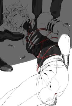 3boys abs armband armlet arms_behind_back ass bare_shoulders bdsm belt biceps bondage bound bound_arms bound_wrists bracelet buckle cigarette compression_shirt covered_abs covered_erect_nipples covered_navel dio_brando dress_shoes earrings fangs from_below from_side greyscale half-closed_eyes heart heart-shaped_buckle heart_ornament ibex jewelry jojo_no_kimyou_na_bouken limited_palette looking_at_viewer lying male_focus messy_hair monochrome multiple_boys muscular muscular_male nipples on_side out_of_frame pants parted_lips partially_colored pectoral_bondage pectorals piercing red_rope restrained rope shade shadow shibari shibari_over_clothes shirt shoes skin_tight sleeveless sleeveless_shirt sleeveless_turtleneck slit_pupils smile solo_focus spot_color stardust_crusaders string thighs torn_clothes torn_shirt turtleneck turtleneck_shirt wavy_hair wrist_cuffs wristband yaoi