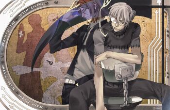 2boys ann_yasu_d black_necktie bow bowtie chair cigarette formal_clothes franken_stein_(soul_eater) glasses grey_hair hair_between_eyes highres looking_at_viewer male_focus multiple_boys necktie object_through_head opaque_glasses patchwork_clothes red_hair screw_in_head short_hair smoking soul_eater spirit_albarn stitches suit yellow_eyes