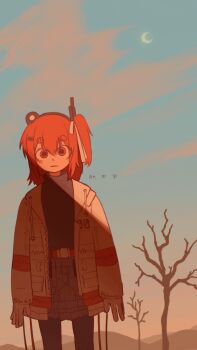 1girl a.i._voice adachi_rei arms_at_sides bare_tree belt black_shirt closed_mouth cloud cowboy_shot crescent_moon expressionless grey_skirt hashtag-only_commentary highres jacket kakureonu long_sleeves looking_at_viewer making-of_available medium_hair miniskirt moon one_side_up open_clothes open_jacket orange_belt orange_eyes orange_hair outdoors pantyhose pleated_skirt shirt skirt solo standing tree turtleneck utau white_jacket