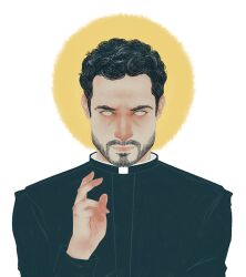 Rule 34 | 1boy, beard, black hair, bright pupils, cassock, clerical collar, expressionless, facial hair, full beard, halo, male focus, mature male, priest, short hair, simple background, single tear, solo, straight-on, the exorcist, the exorcist (tv series), tomas ortega, upper body, wavy hair, weardes, white pupils