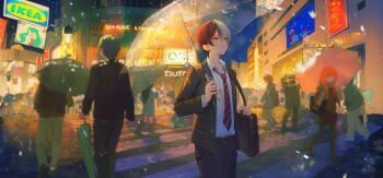 absurdres amin_(aminblue) aoyagi_touya bag belt highres holding holding_umbrella ikea looking_up mole mole_under_eye multicolored_hair necktie project_sekai rain shirt shoulder_bag solo_focus teeth umbrella walking white_shirt