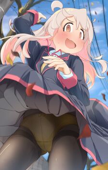 1girl 4uyh @_@ ahoge autumn_leaves blue_sky blush bow bow_panties fang from_below genderswap genderswap_(mtf) highres jacket leaf long_hair long_sleeves looking_at_viewer neck_ribbon onii-chan_wa_oshimai! open_mouth orange_eyes outdoors oyama_mahiro panties panties_under_pantyhose pantyhose pink_hair power_lines ribbon school_uniform sky solo underwear wind wind_lift