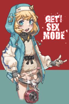 1boy androgyne_symbol blonde_hair blouse blue_eyes bottomless bridget_(guilty_gear) cowboy_shot english_text erection fingerless_gloves gloves guilty_gear guilty_gear_strive hood hooded_jacket jacket kinshi76 male_focus oversized_object penis red_background shirt single_handcuff solo string trap uncensored