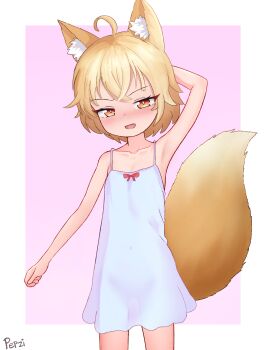 1girl ahoge animal_ear_fluff animal_ears blonde_hair commentary fox_ears fox_girl fox_tail highres loli original pepzi short_hair solo tail