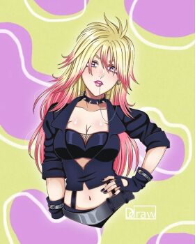 1girl alternate_breast_size_(larger) black_bra black_gloves black_jacket blonde_hair bra breasts chain cleavage collar commentary commission cropped_jacket cropped_torso di_draw.art earrings english_commentary eyebrows_hidden_by_hair face_piercing fingerless_gloves gloves hair_over_eyes hand_on_own_hip highres jacket jewelry large_breasts lip_piercing lip_ring mogami_kyouko navel piercing pink_hair purple_eyes setsuka_heel skip_beat! sleeves_rolled_up solo spiked_collar spikes underwear upper_body