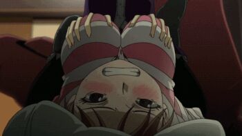 2girls animated animated_gif anime_screenshot black_hair black_legwear blush breasts brown_hair forced grabbing_another's_breast groping hyuuga_mahiru kamisama_dolls large_breasts long_hair lowres lying molestation multiple_girls on_back pillow shiba_hibino shirt striped_clothes striped_shirt talking teeth thighhighs yuri zettai_ryouiki