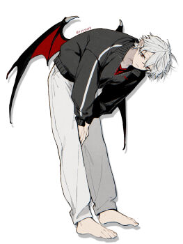 1boy barefoot bat_wings bent_over black_jacket fang hashtag-only_commentary highres jacket kuzuha_(1st_costume)_(nijisanji) kuzuha_(nijisanji) leaning_forward low_wings male_focus nijisanji pointy_ears ryuyuep short_hair simple_background skin_fang solo standing white_background white_hair wings