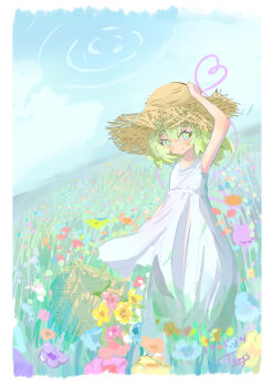 1girl absurdres alternate_costume alternate_headwear blue_sky brown_hat closed_mouth cloud commentary dated day dress eyeball field flower flower_field green_eyes green_hair hat heart heart_of_string highres komeiji_koishi looking_at_viewer outdoors pink_flower purple_flower signature sky smile solo straw_hat t0nys third_eye touhou white_dress yellow_flower