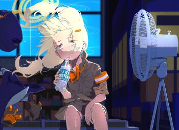 1girl aoba_(blue_archive) black_shirt blonde_hair blue_archive drinking_straw electric_fan gloves hat matsumoto_yutaka shirt sitting solo window