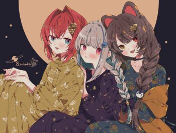 3girls :d acorn_print alternate_costume ange_katrina animal_ears animal_hair_ornament animal_print artist_request black_background black_choker blue_dress blue_eyes blue_hair blush bow braid brown_hair choker crossed_bangs dog_ears dress food_print fruit_print full_moon grape_print grey_hair group_name hair_bow hair_intakes hair_ornament hair_over_shoulder hand_on_another's_shoulder hands_on_own_knees hands_up heterochromia highres inui_toko knees_up lize_helesta long_hair long_sidelocks looking_at_viewer moon moon_background multicolored_eyes multicolored_hair multiple_girls nijisanji open_mouth orange_shawl print_dress purple_bow purple_dress purple_eyes red_eyes red_hair sanbaka_(nijisanji) shawl short_hair sidelocks sitting smile star_(symbol) streaked_hair swept_bangs third-party_source three-quarter_sleeves two-tone_eyes two-tone_hair very_long_hair virtual_youtuber yellow_dress yellow_eyes