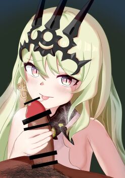 1boy 1girl :d absurdres bar_censor black_background censored crown earrings erection green_eyes green_hair handjob highres honkai_(series) honkai_impact_3rd jewelry large_penis long_hair looking_at_viewer male_pubic_hair mobius_(honkai_impact) ng1sh8 open_mouth penis precum precum_string pubic_hair purple_eyes simple_background single_earring slit_pupils smile solo_focus textless_version