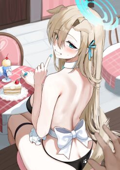 1girl 1other absurdres animal_ears apron asuna_(blue_archive) bare_back bikini black_bikini blonde_hair blue_archive blue_eyes blue_halo blush breasts dog_ears dog_girl dog_tail fork from_behind grin hair_over_one_eye halo highres holding holding_fork long_hair pointing pointing_up ponya_0000 pov smile sweatdrop swimsuit tail white_apron